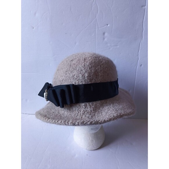 Vintage Handmade Cloche Wool Hat Ribbon Bow Rhinestone Brooch Gray Hat main image 6